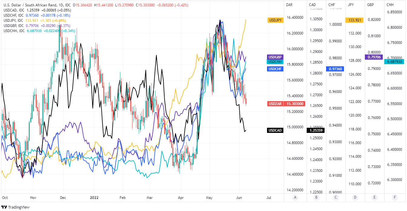 USD/ZAR shown at daily intervals alongside selected other exchange rates