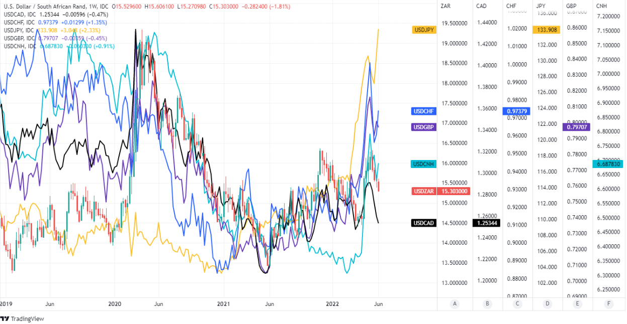 USD/ZAR shown at weekly intervals alongside selected other exchange rates