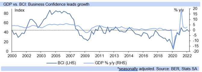 Bureau for Economic Research (BER) Business Confidence Index shown alongside GDP growth. Source: Investec.