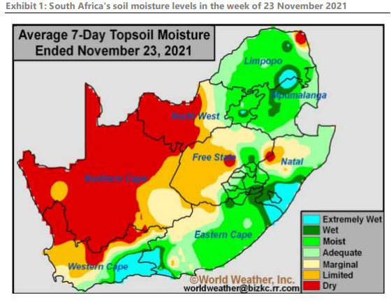  South Africa's soil moisture levels in the week of 23 November 21